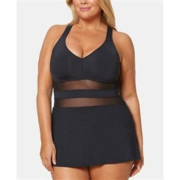 NWT Bleu Rod Beattie 22w Black Plus Mesh Cross Back 1PC Swimdress 122760 - Picture 1 of 4